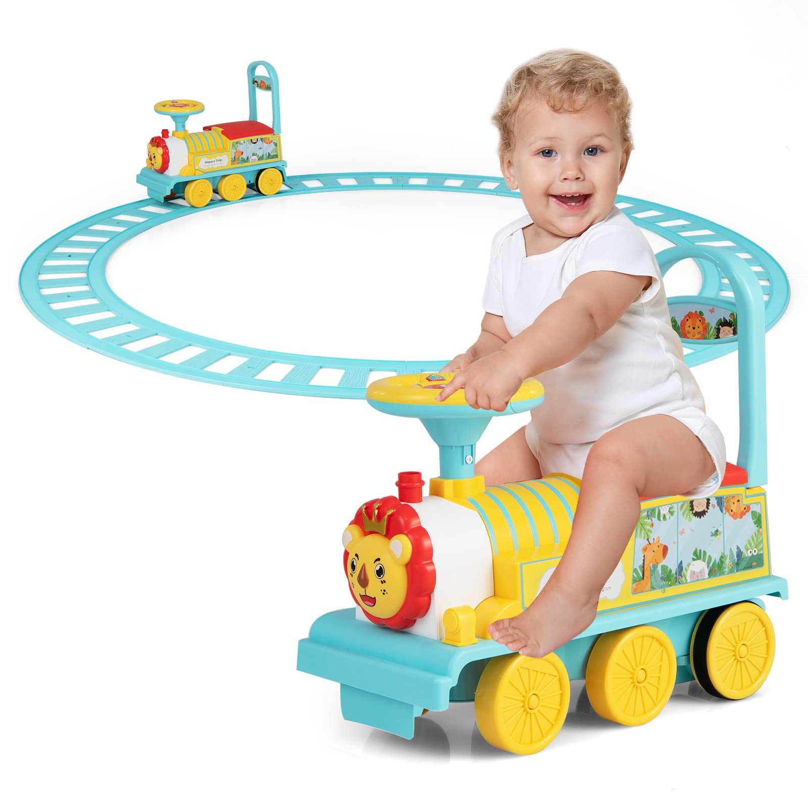Kids Ride On Train with Track, 6V Battery Powered Electric Toy Car with Lights and Sounds Retractable Footrest Under Seat Storage (Blue) — image 1