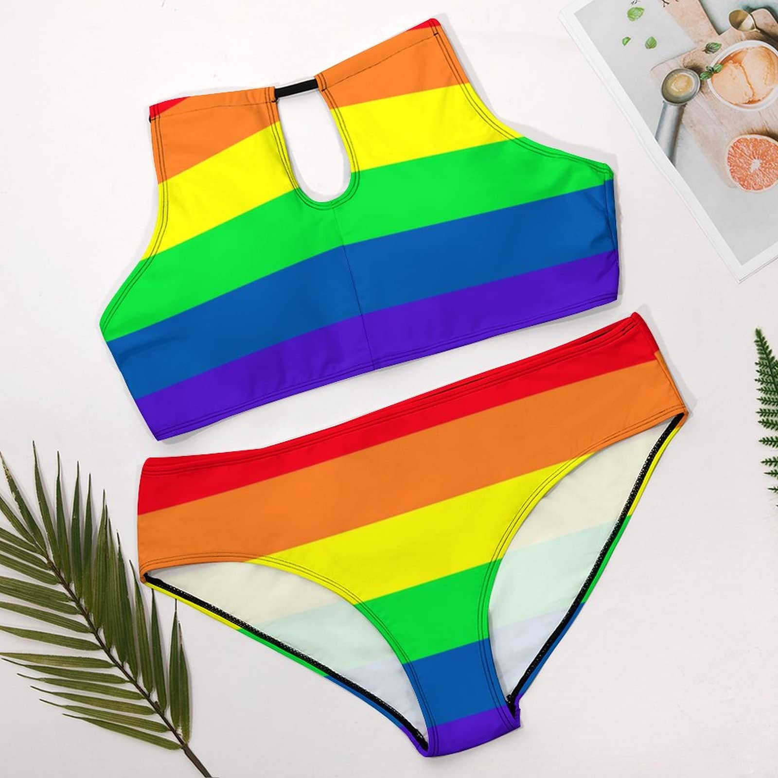 SEPTYK Gay Pride LGBT Rainbow Flag Pattern Women Sexy Bikini 2 PC Plus Size Swimsuits Hollow Out High Neck Bathing Suit 3XL