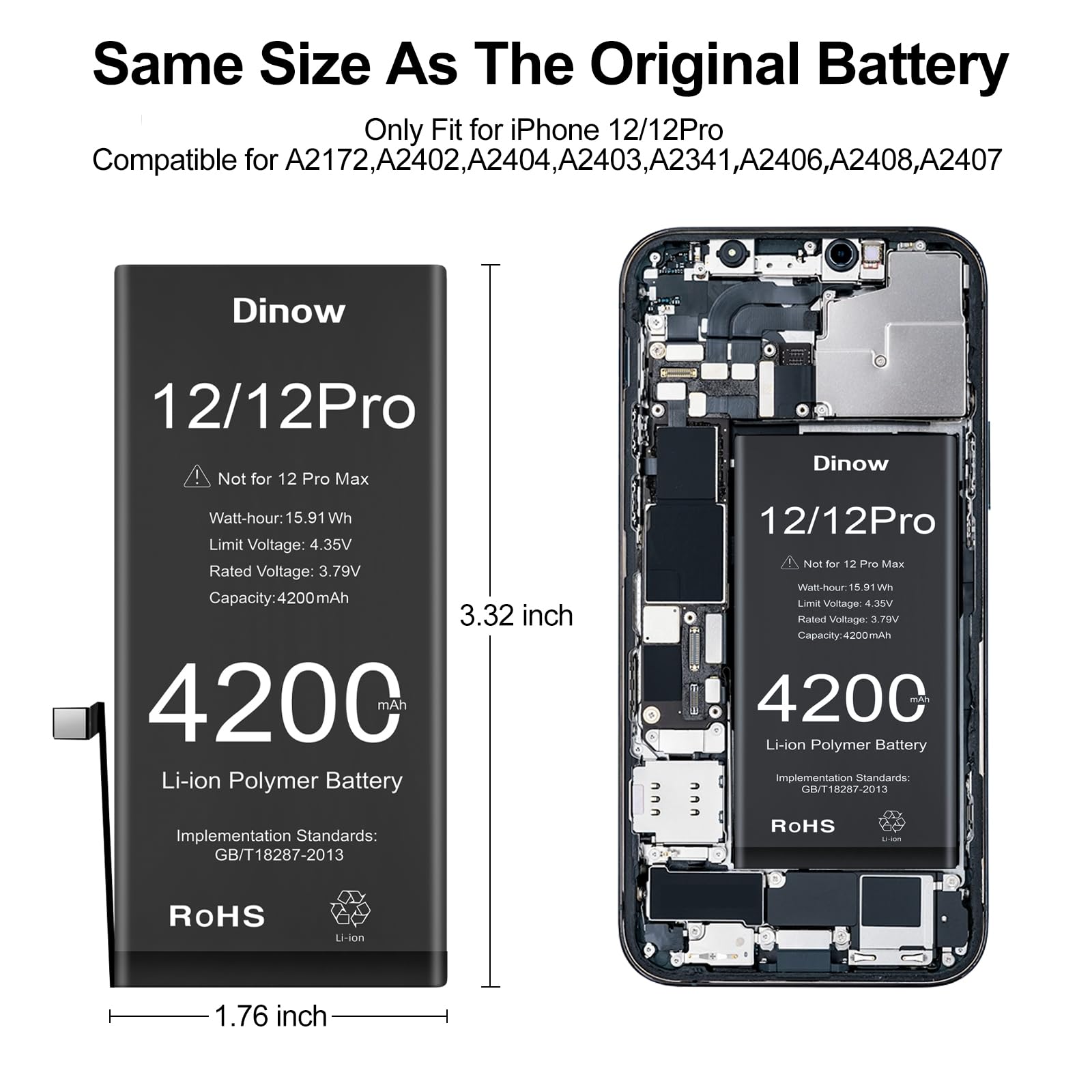 Batterie pour iPhone 12/12 Pro, 4200mAh Batterie de Remplacement Polymère Li-ION Haute Capacité Compatible avec iPhone 12 Pro, Batterie Interne pour 12/12 Pro avec Kit d'Outils de Remplacement