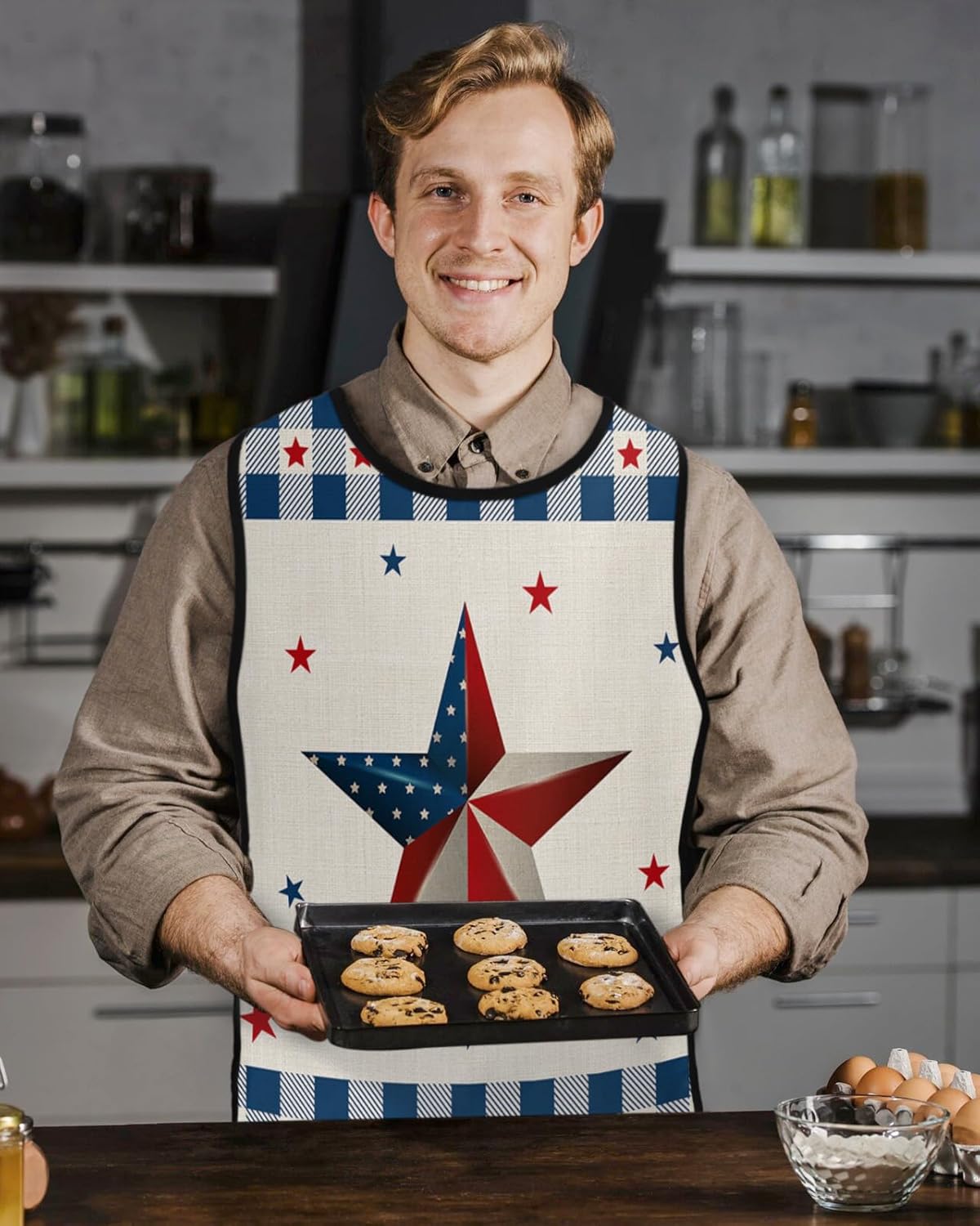 Rustic Blue Plaid Cobbler Aprons with 2 Pockets for Women Men, Fashionable Printed Unisex Bib Waterproof Cleaning Smock Vest for Chef Kitchen Independence Day Star Burlap 2 Packs, 20''x 31.5''