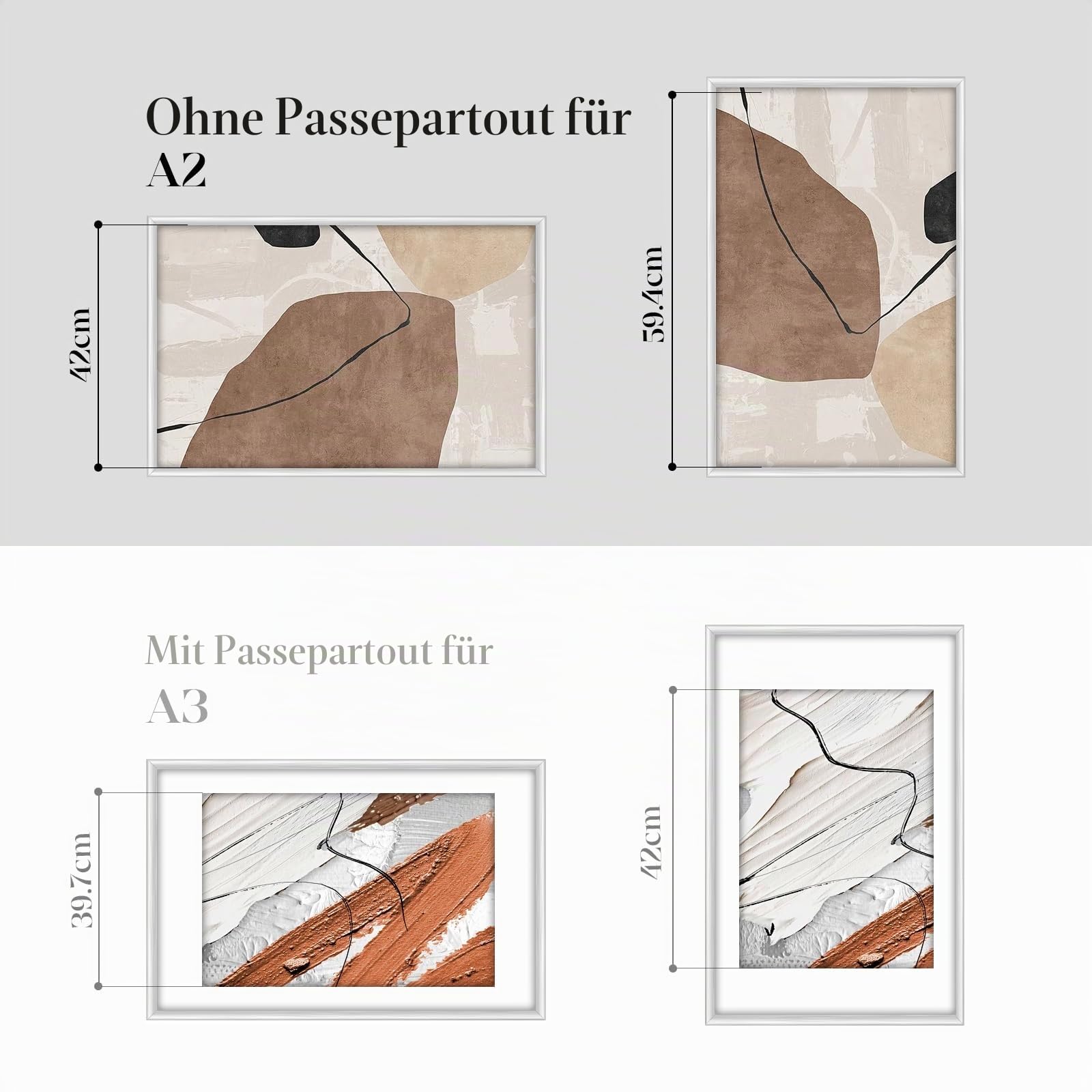 2x Bilderrahmen A2 42x59.4cm | Metall Aluminium,Silber mat,Passepartout 30X42cm,Picture Frame 42x60cm mit bruchsicherem Acrylglas | Nur zur Wandmontage