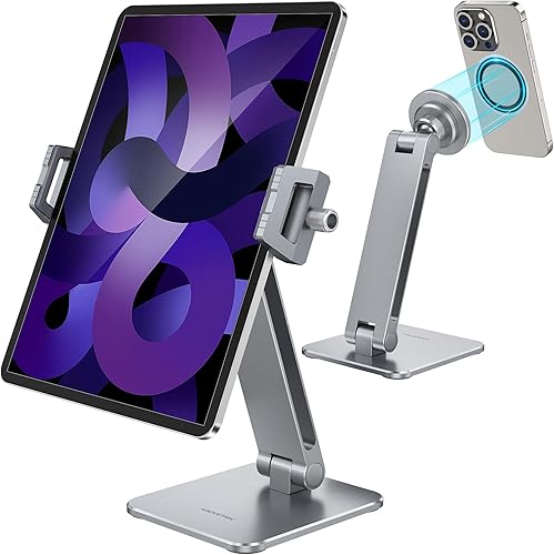 AboveTEK Soporte 2 en 1 para teléfono y iPad, soporte magnético para iPad con abrazadera, soporte de aluminio para tablet para escritorio, rotación