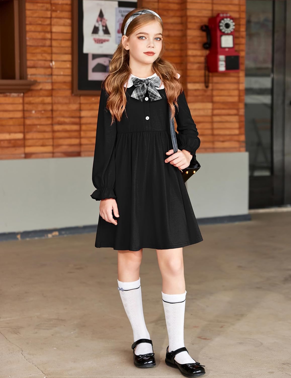 Arshiner Girls Long Sleeve Dress Fall Winter Ruffle Peter Pan Collar Front Button Casual Cotton Dresses - Image 2