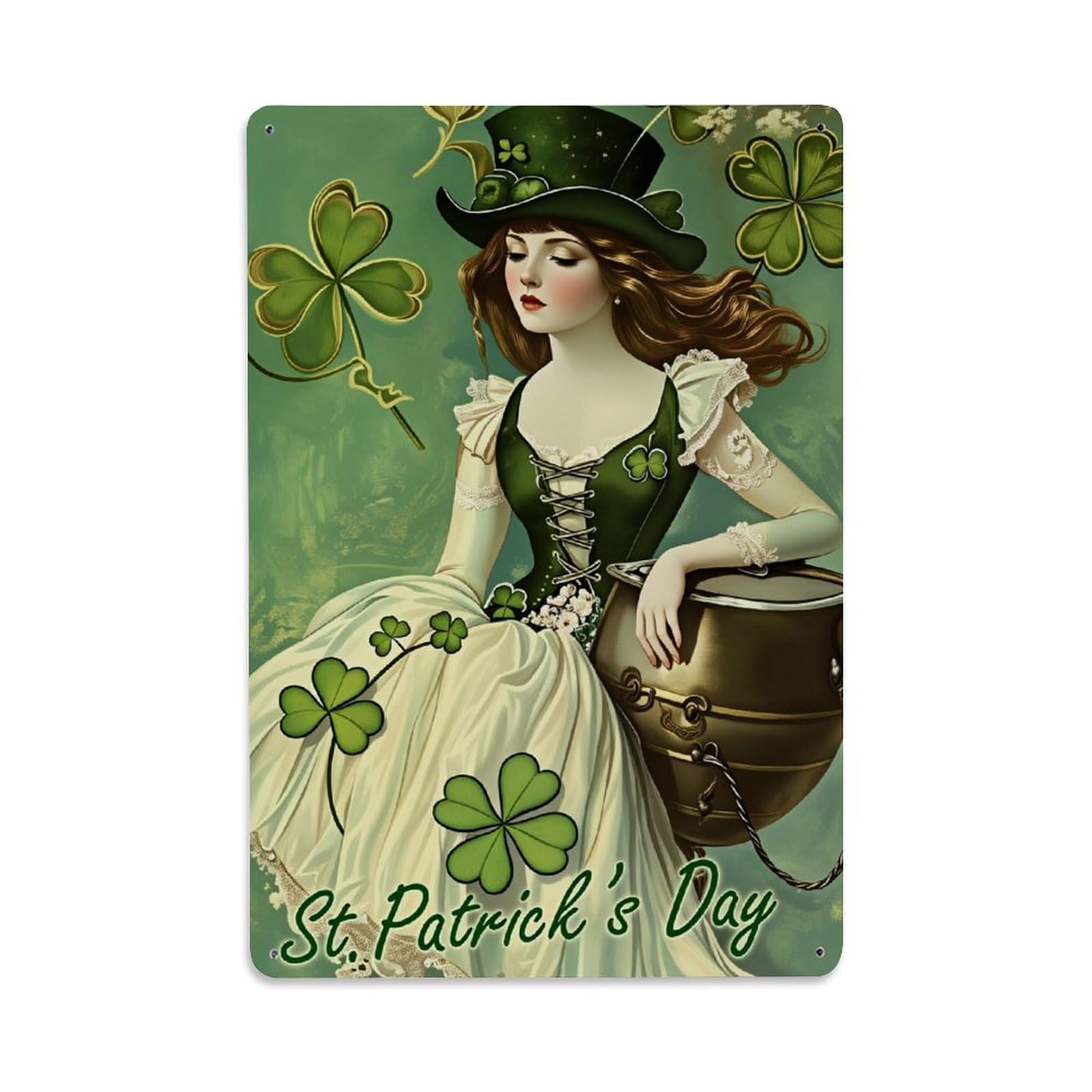Enderetf Vintage Green Clover Hat Dress Drum Tin Sign Metal Poster, Home Bar Garage Man Cave Cafe Indoor & Outdoor Wall Decoration 8X12inches