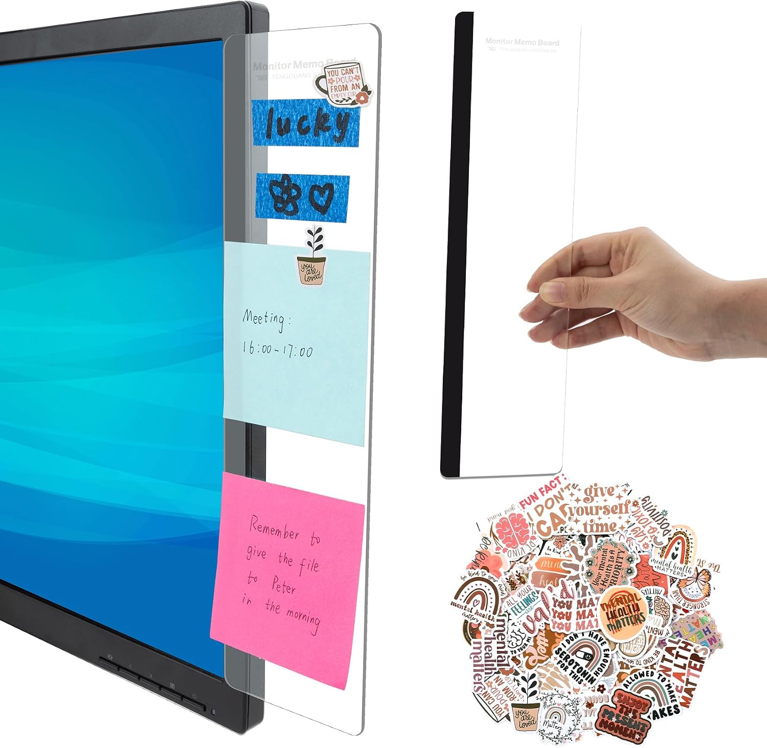 MDOZQ Office Must Haves 2 PCS Computer Sticky Note Holder with 100 PCS Boho Stickers, Post It Note Holder, Office Desktop Message Board Desk Accessories & Workspace Organizers