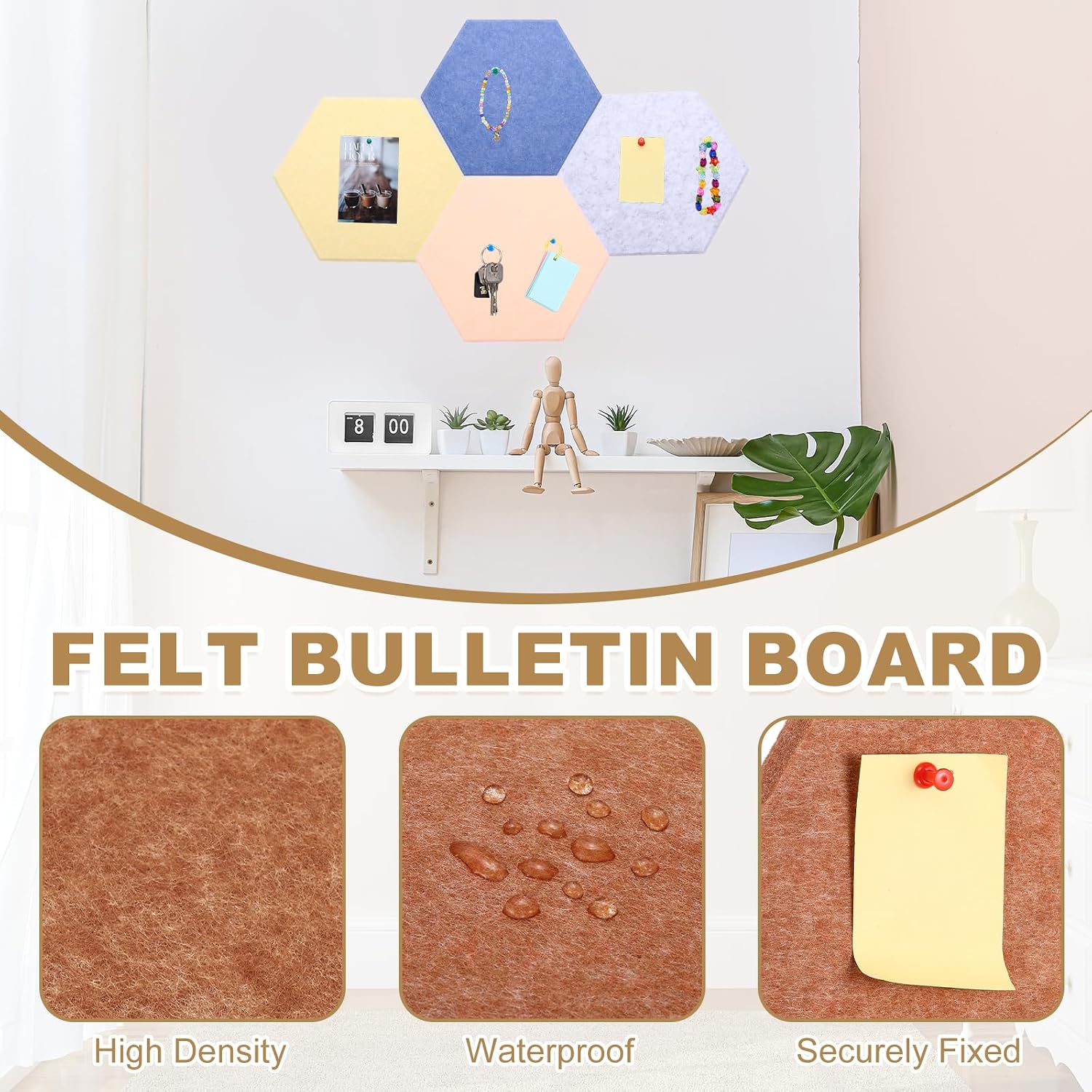 PATIKIL Hexagon Felt Cork Board Tiles, 3Pcs 12 inch Self Adhesive Bulletin Wall Felt Pin Board with 30 Push Pins Corkboard for Home Office Photos Memos, Yellow
