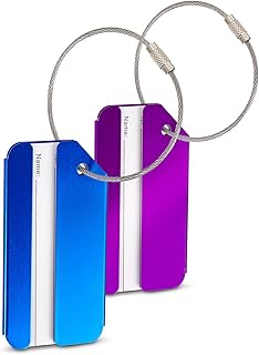 2 etichette per bagagli in blu e viola in metallo robusto e | etichette valigia