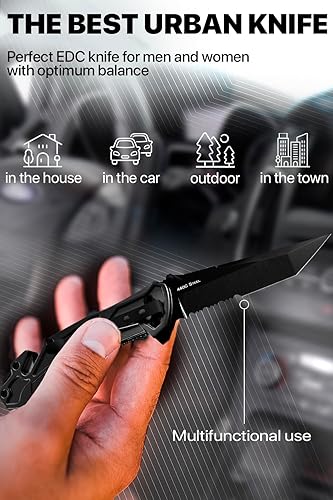 Miniatura 8 de Cuchillo táctico legal para hombres, hoja dentada Tanto de 2.8 pulgadas, pequeño cuchillo de bolsillo negro y cortador de cinturón de seguridad,