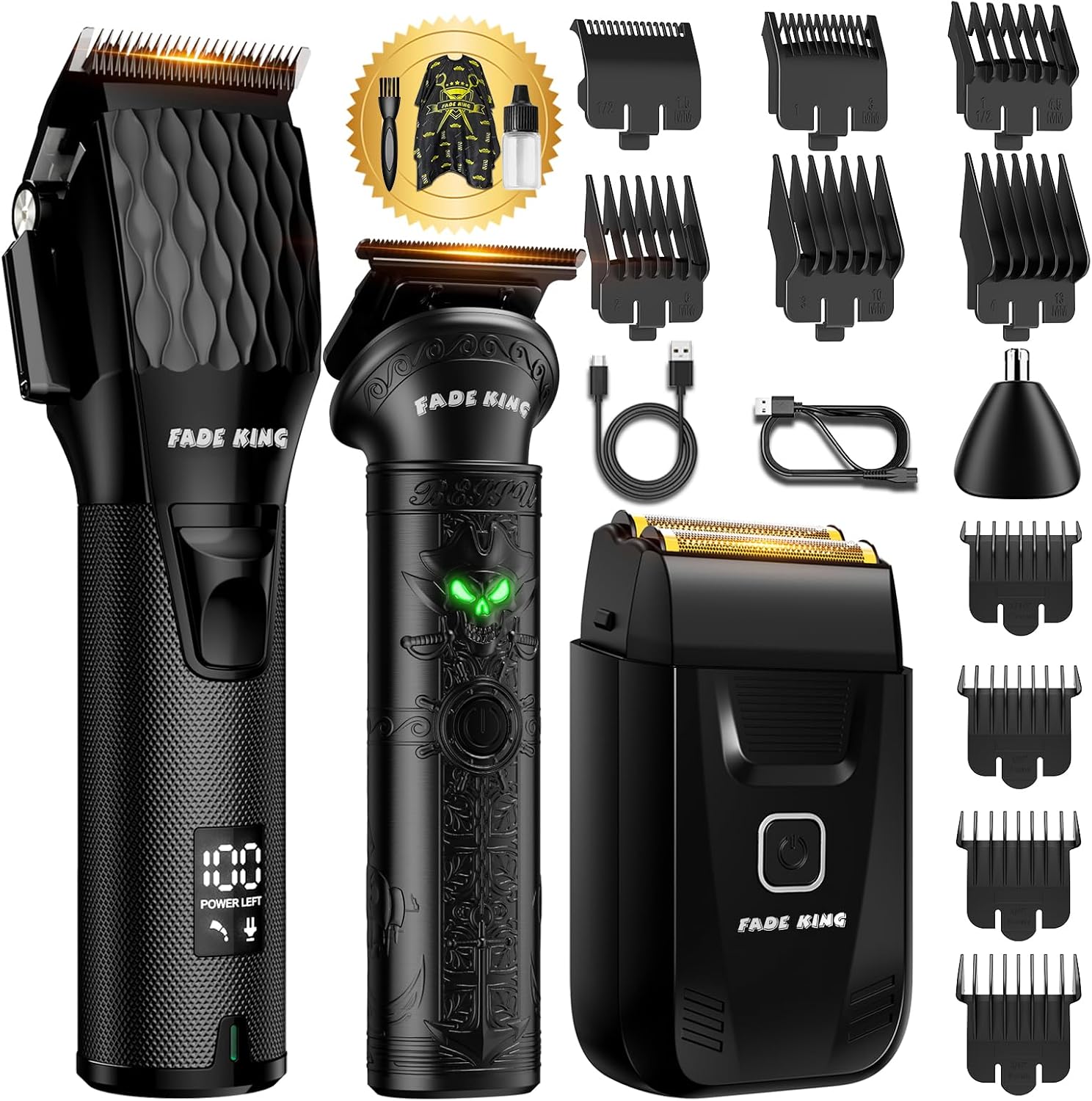 FADEKING Professional Hair Clippers for Men, Trimmer & Foil Shaver Kit | 7000RPM High-Speed Motor, Ultra-Thin Fade Blade, Ceramic Moving Blade, Precision T-Blade for Smooth Fades & Detailing