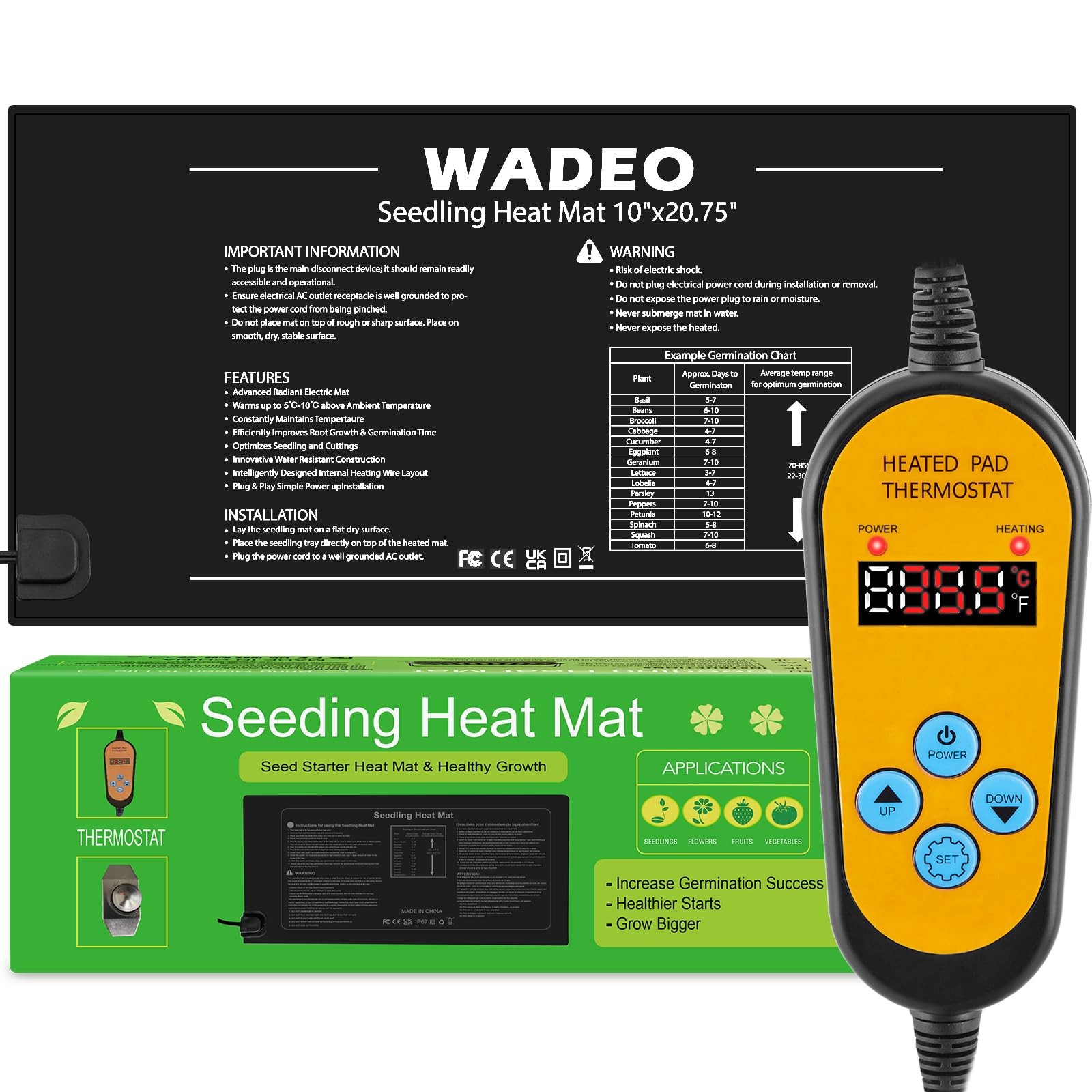 WADEO Heizmatte für Pflanzen 52 x 25 cm, Sämlinge Heizmatte Wärmematte mit Thermostat 5°C bis 45°C, Gewächshaus Wärmematte Wasserdicht, Wärmer Bett Matt für Setzlingskeimung Sämling Germination