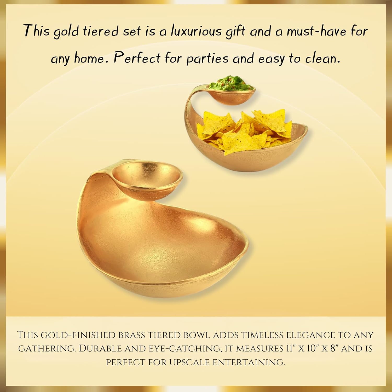 Brass Chip and Dip Serving Bowl Gold Brass Tiered Snack, Candy & Salad Bowl Decorative Centerpiece Serving Platter Nuts, Chip & Dip, Salsas, Tray, Serveware Home Decor Gift Entertaining Centerpiece