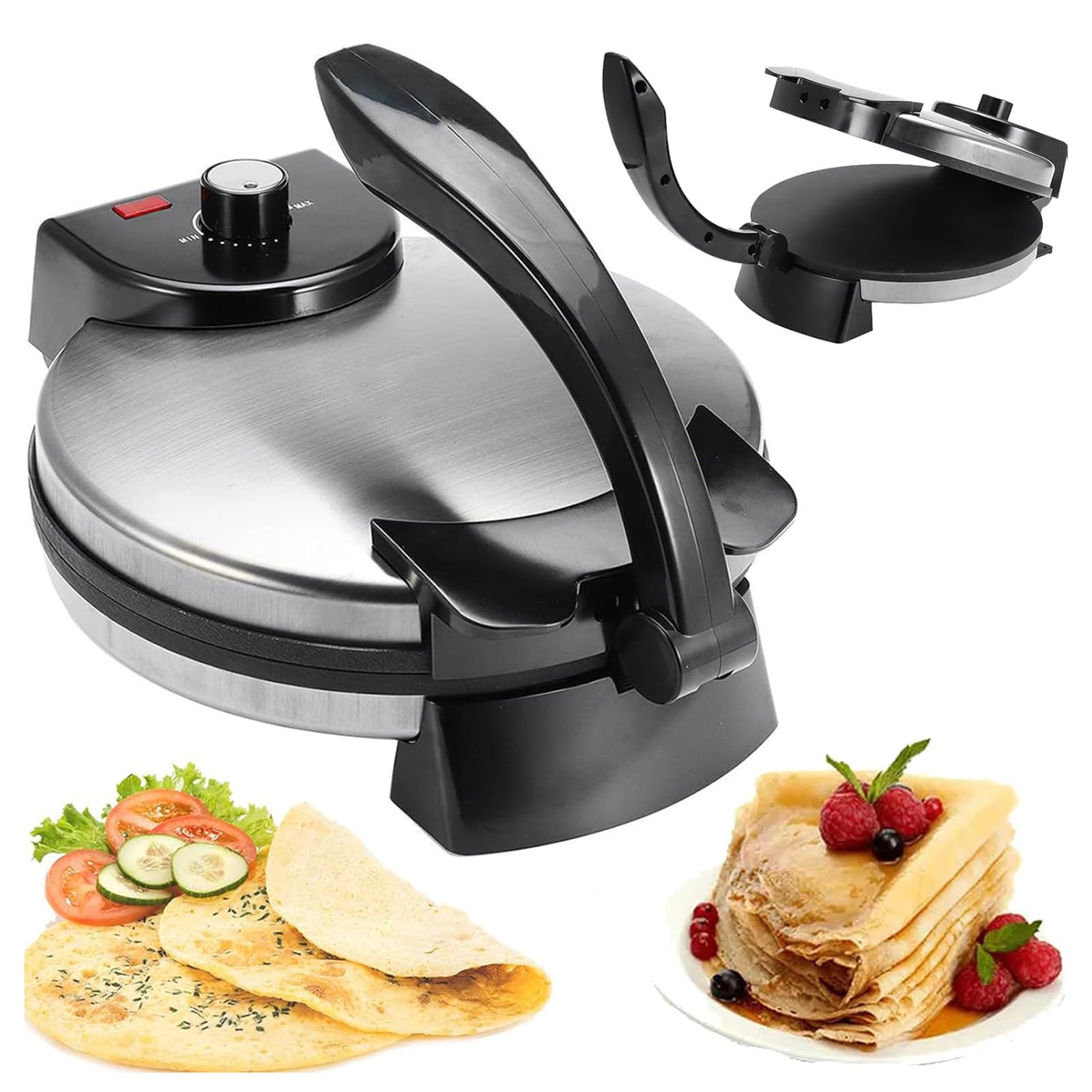 LHUITUI 10 Inch Non-Stick Chapati & Tortilla Machine, Non-Stick Automatic Roti Maker Machine, Stainless Steel Roti Press Tortilla Maker, 1500W, Stainless Steel, For Flour Tortilla, Blintz & Chapati
