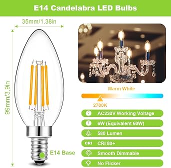 6W LED E14 Candle Bulbs Dimmable Small Edison Screw Pack of 10 [Energy Class E]