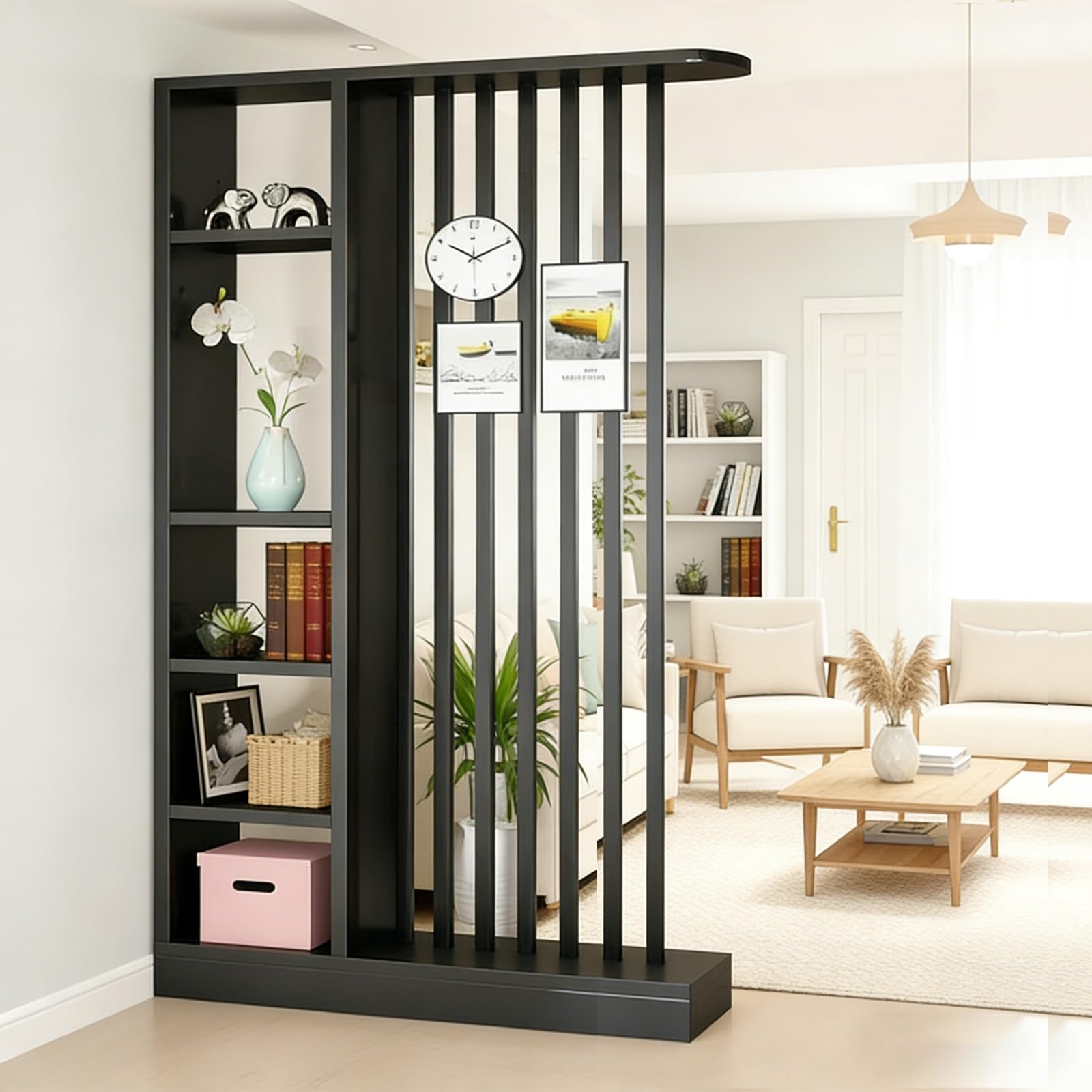 Claustra Intérieur Bois avec Rangement, Séparateur de Pièce Design Moderne, Cloison Amovible avec Étagères, Séparation de Pièce pour Salon Entrée Chambre Bureau, 205 cm