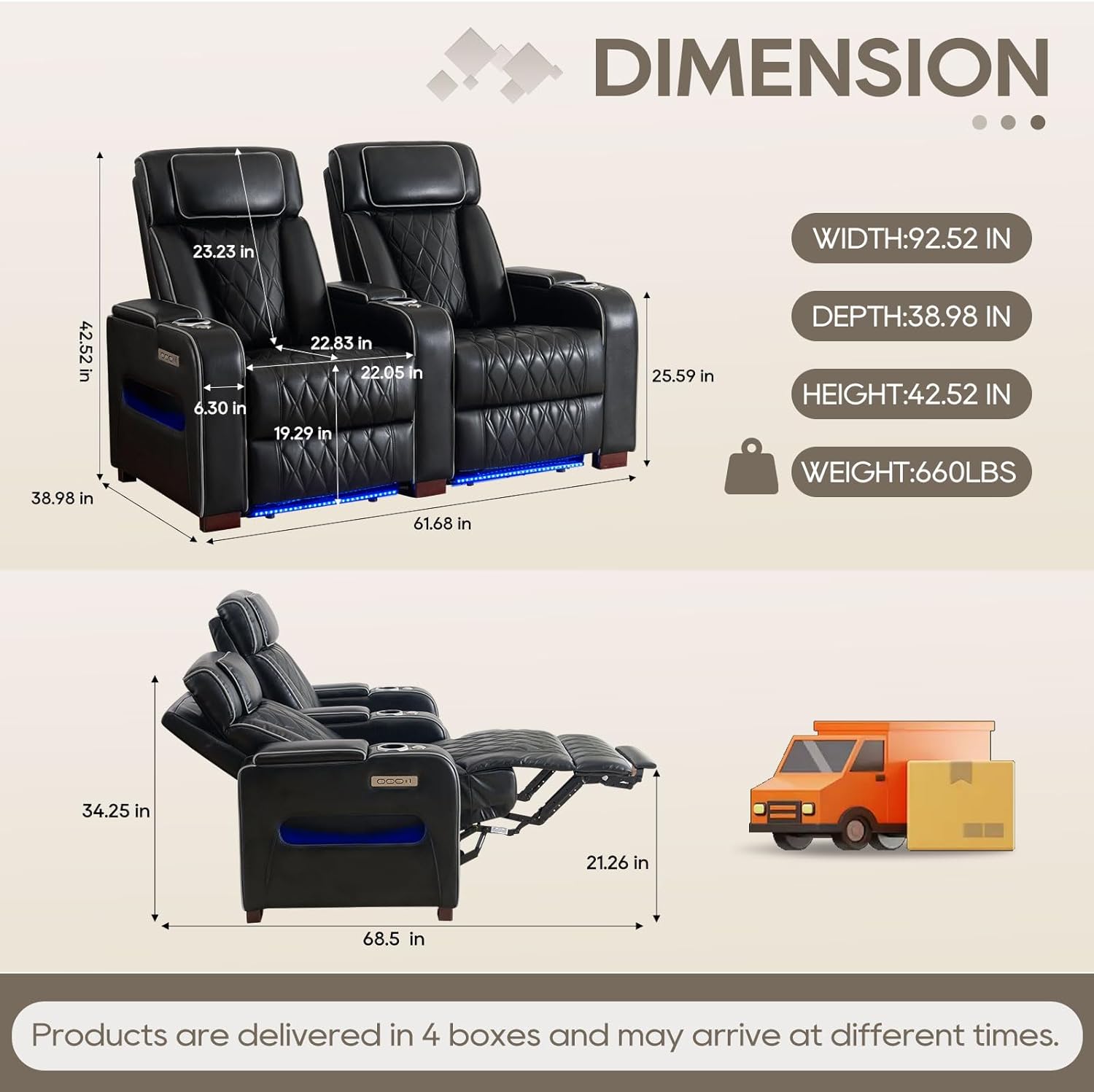 Luxury Home Theater Seating – Power Recliner with Adjustable Headrests, Blue LED Ambient Lighting, Tray Table, USB & Type-C Charging (Black,2 Seat)