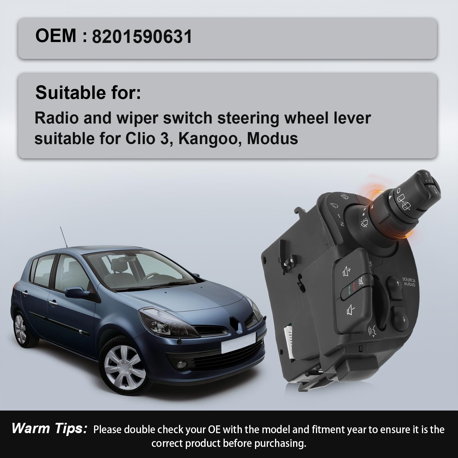 Commodo Clignotant pour Clio 3 Kangoo 2 Modus (modèles 2005-2013) | avec Commande d'essuie-glace, lave-glace et Fonction Radio, Interrupteur de Contrôle Multimédia Modus, 8201590631, 7701068115