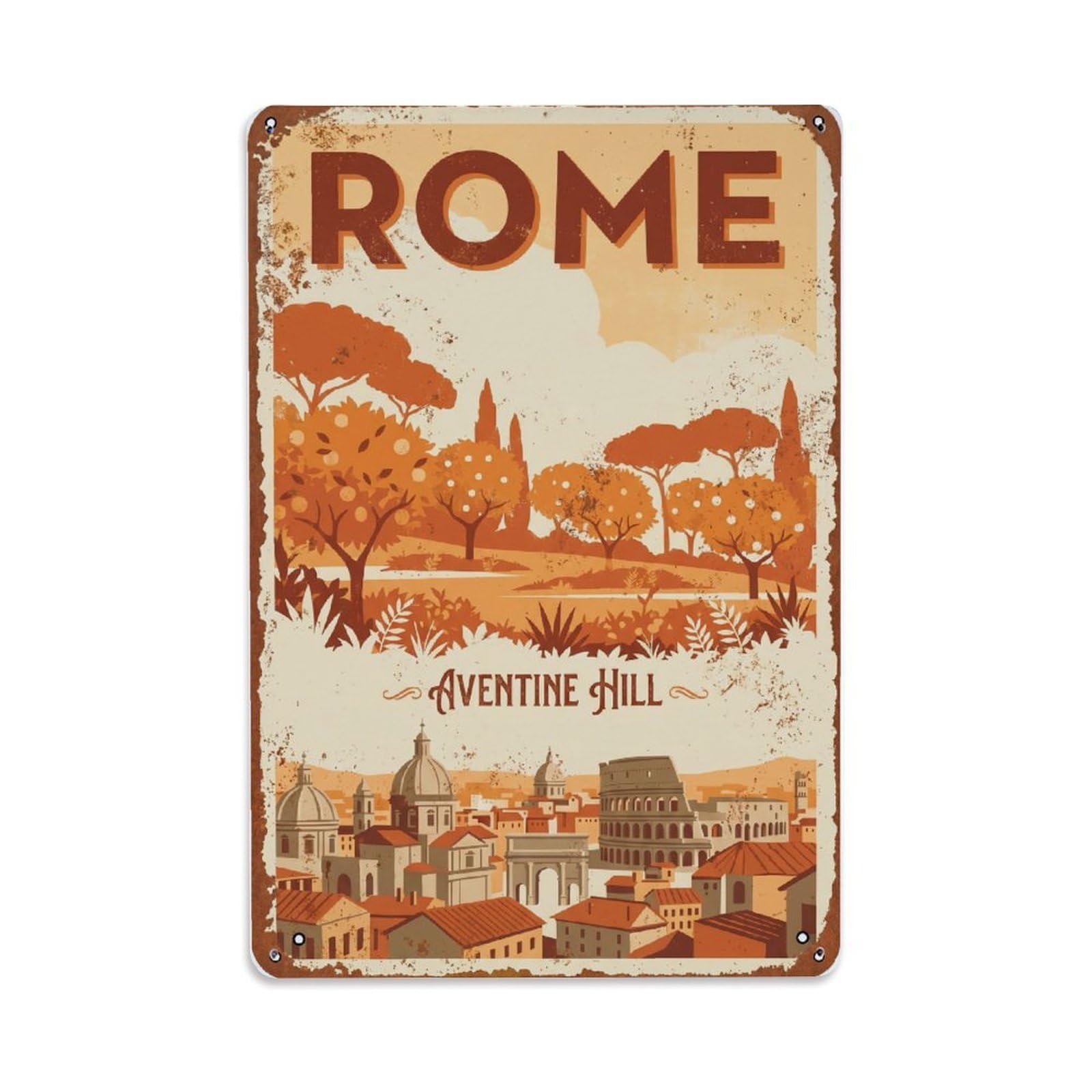 Vintage Travel Rome Aventine Hill Orange Garden Views Rusted Italy Metal Tin Sign Plaque Wall Decor for Cafe, Club Bar, Office, Home Garden Metal Poster 8x12Inch