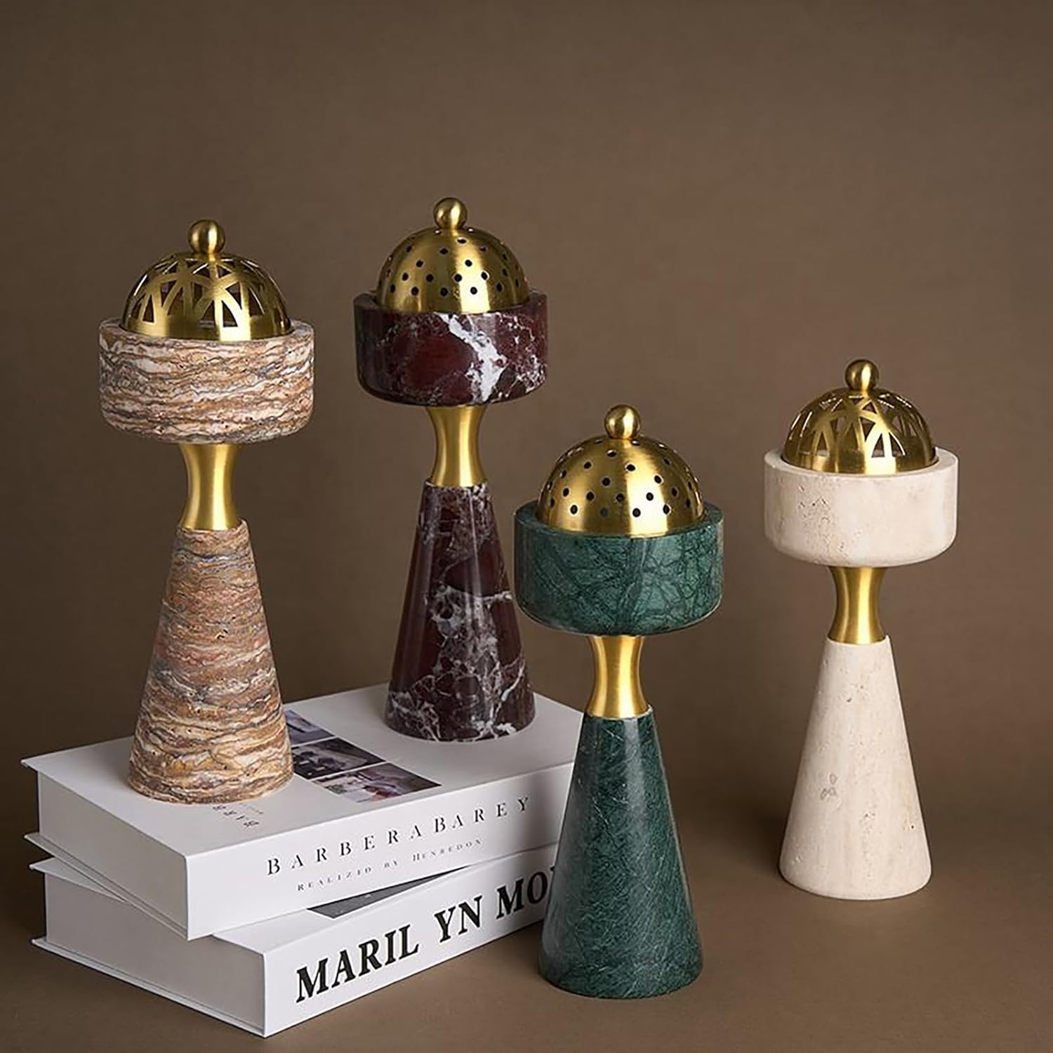 Sissi & yaya Marble Incense Burner with Brass Cover, 11 x 3.8 inches, Multi-Purpose Holder for Cones, Coils and Sticks (Green)