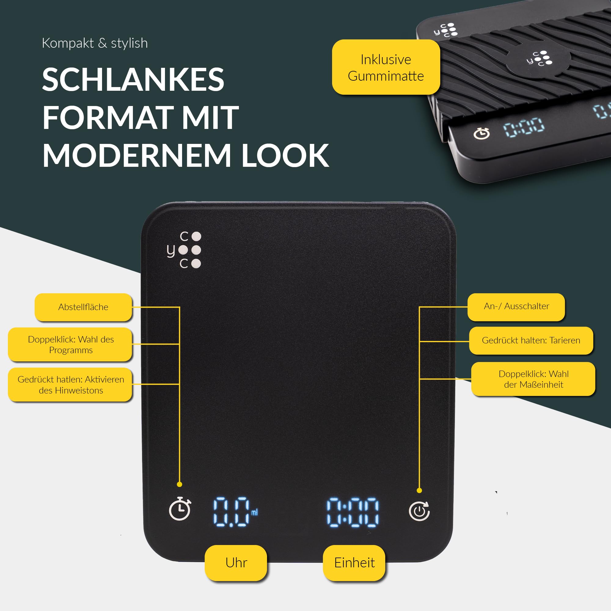 COYOOCO Kaffeewaage mit Timer - 0,1 g Präzision bis 2 kg - spritzwassergeschützte Espresso Waage für Siebträger - 3 Programme & USB-C Schnellladen - Barista Waage inkl. Zubehör