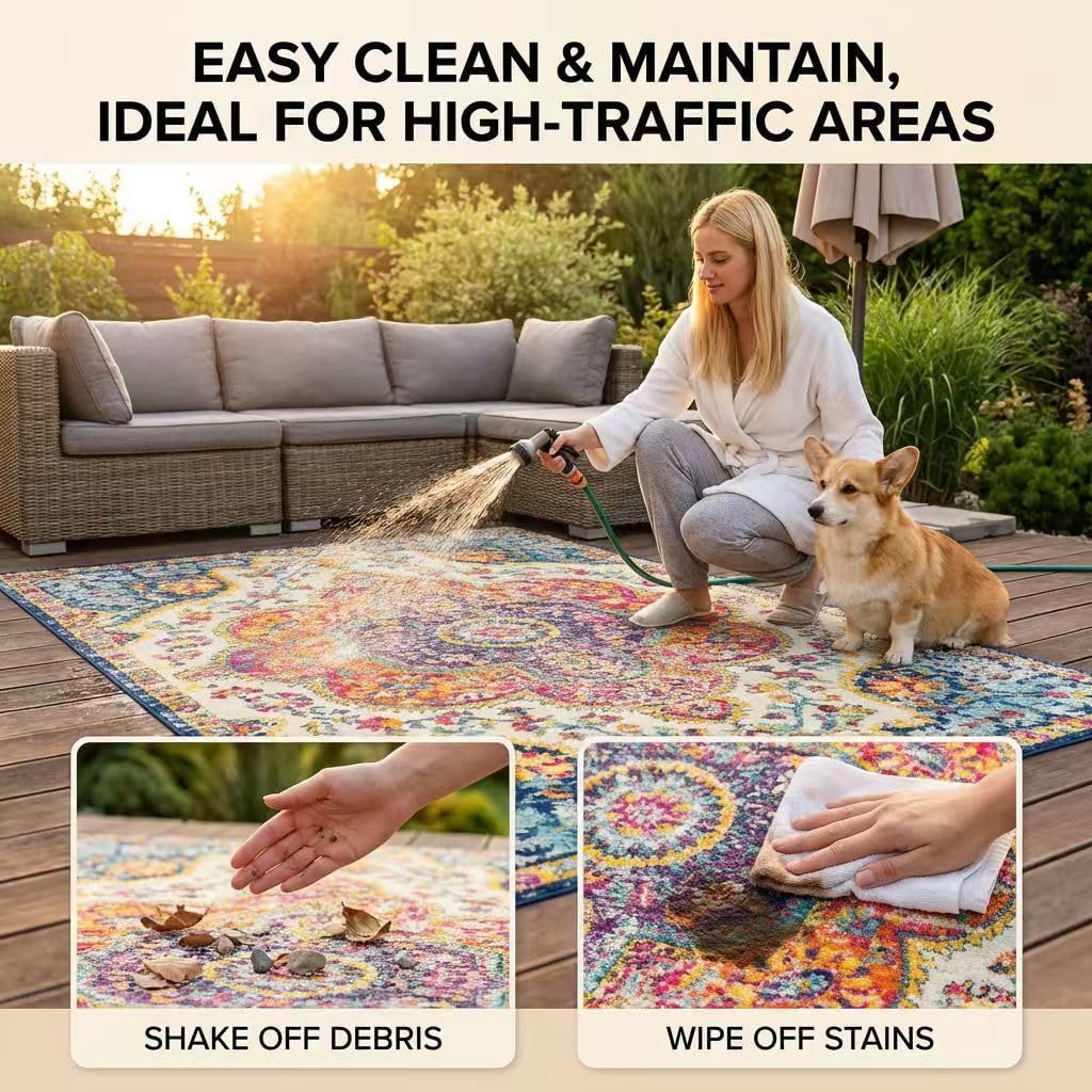 Blue Orange Yellow Oriental Tribes Texture Vintage Distressed 2x3 Outdoor Rugs for Patios Deck Backyard Porch Camping Garden Boho Carpets Waterproof Non Slip Thin Easy Clean Floorcover Mats