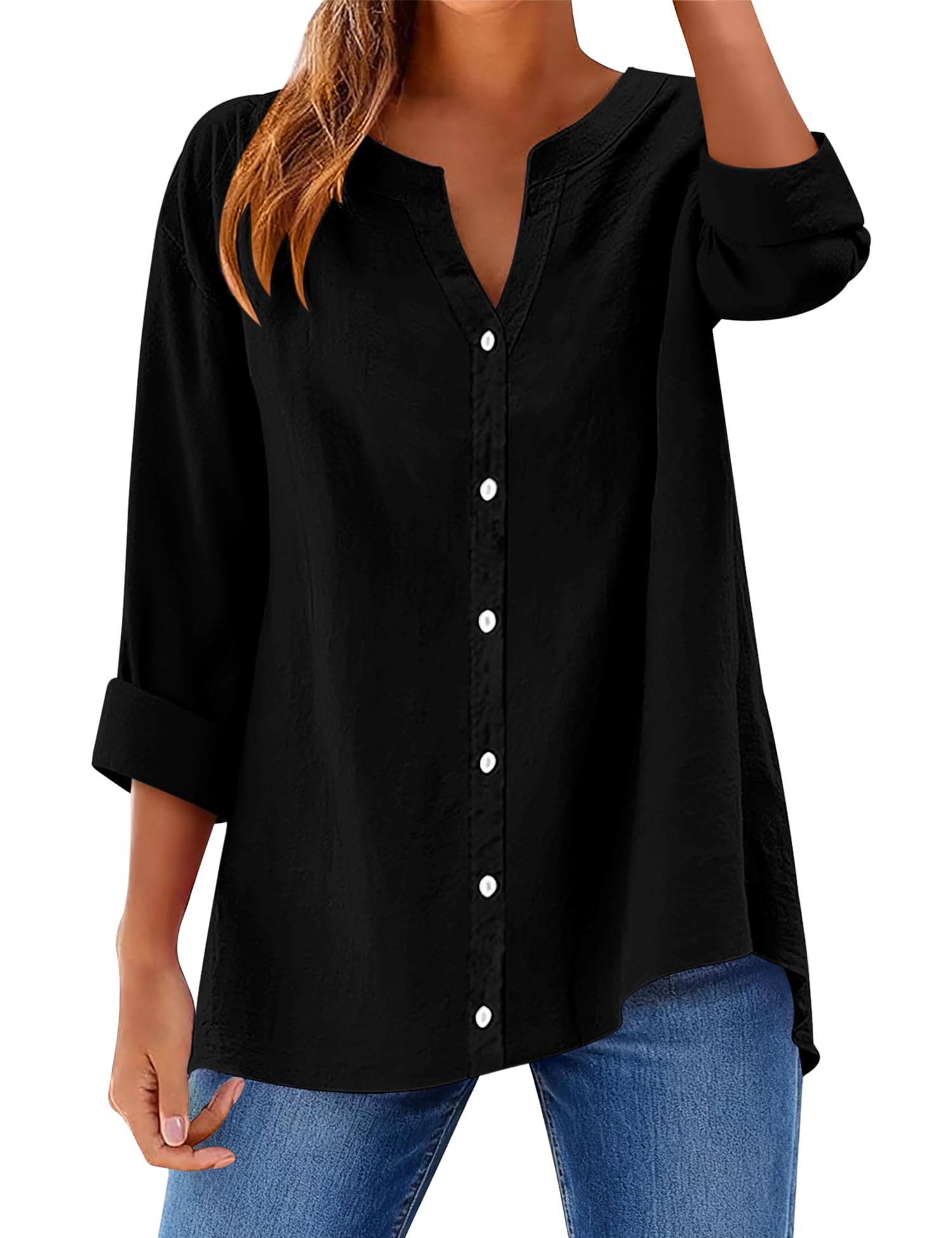 Rapbin Bluse Damen Elegant Baumwolle V-Ausschnitt Hemdbluse Langarm Button Down Lose Langarmshirt Einfarbig Oberteile Blusenshirt