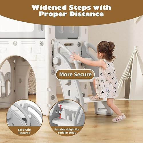 Miniatura 6 de Glaf Tobogán 9 en 1 para interiores y exteriores, toboganes para bebés de 1 a 3 años con aro de baloncesto escalador, tablero de dibujo y espacio de