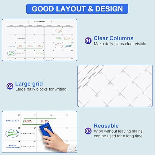 Miniatura 7 de Calendario mensual de pared, calendario grande de borrado en seco y húmedo de 48 x 36 pulgadas para pared, calendario de pared sin fecha, calendario