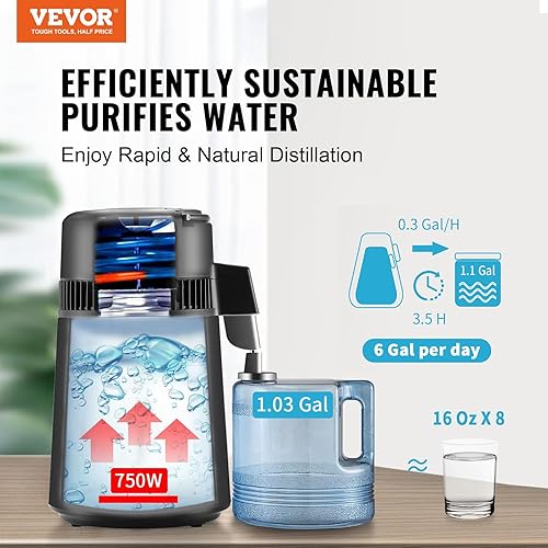 Miniatura 2 de VEVOR Destilador de agua, filtro purificador de agua pura de 4L 1.05 galones para encimera del hogar, máquina de agua destilada de 750 W, destilador