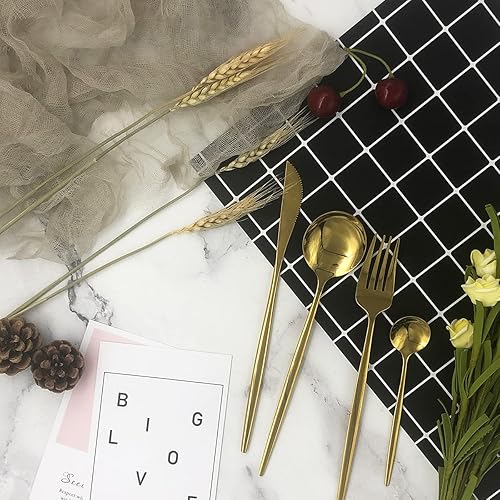 Miniatura 3 de Uniturcky Juego de cubiertos dorados de acero inoxidable de 24 piezas, servicio para 6, cubiertos de acero inoxidable pulido con espejo, cuchillo