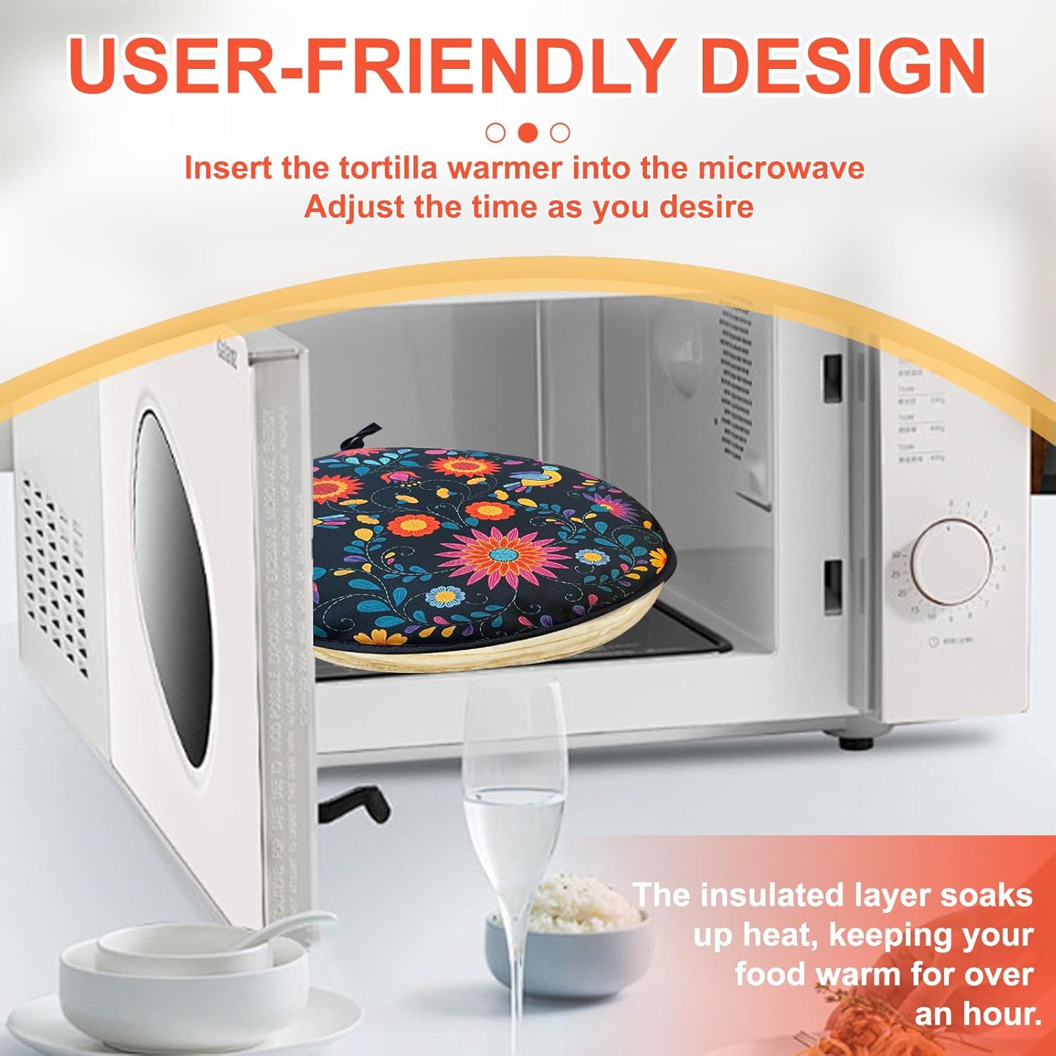 2 PACK Large Tortilla Warmers, Premium Insulated Fabric Pouch Keeps Tacos, Naan, Pizza & Flour Tortillas Cozily Warm, Microwavable & Classic, Ideal for Family Feasts, Orange/Black - Image 5