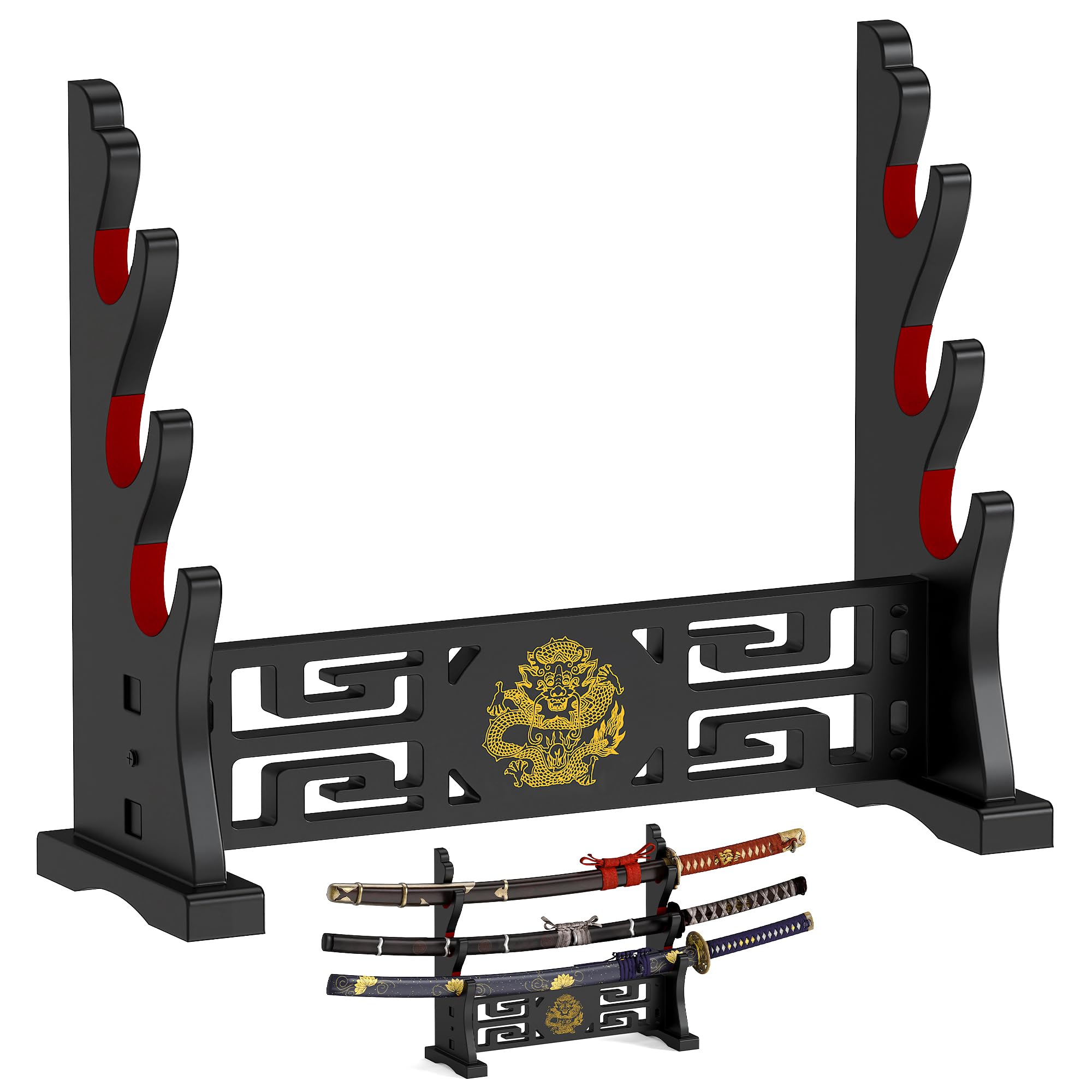Alyoen Sword Stand, Katana Holder, Wood Katana Stand with Velvet Padded Hook & Dragon Pattern, 3-Tier Samurai Sword Holder Display Rack for Tanto Rapier Light Saber Wakizashi