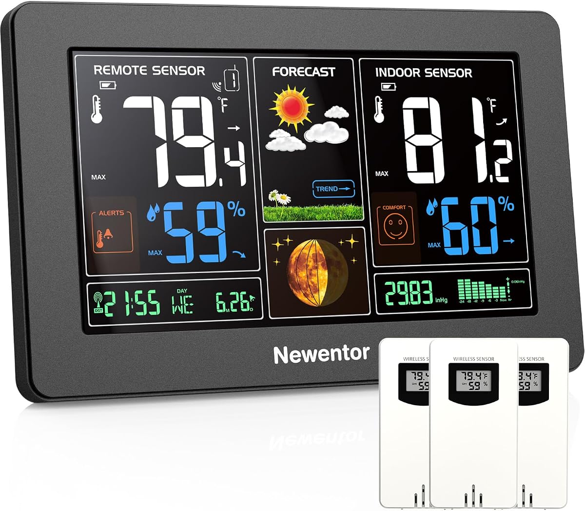 Newentor Weather Station Wireless Indoor Outdoor Thermometer, Black,3Sensor