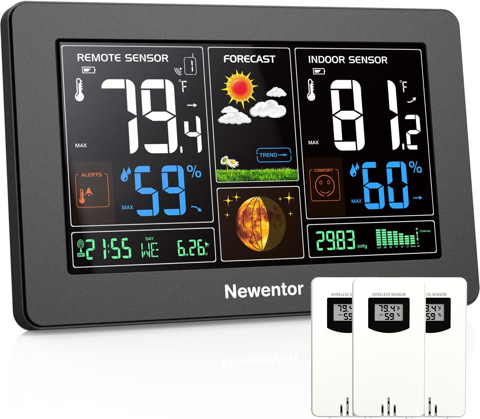 Weather Station Wireless Indoor Outdoor Thermometer, Color Display Digital Weather Thermometer with Atomic Clock, Barometric Pressure, Forecast Station with Adjustable Backlight,Black,3Sensor