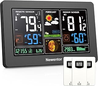 Newentor Weather Station Wireless Indoor Outdoor Thermometer, Color Display Digital Weather Thermometer with Atomic Clock, Barometric Pressure, Forecast Station with Adjustable Backlight,Black,3Sensor