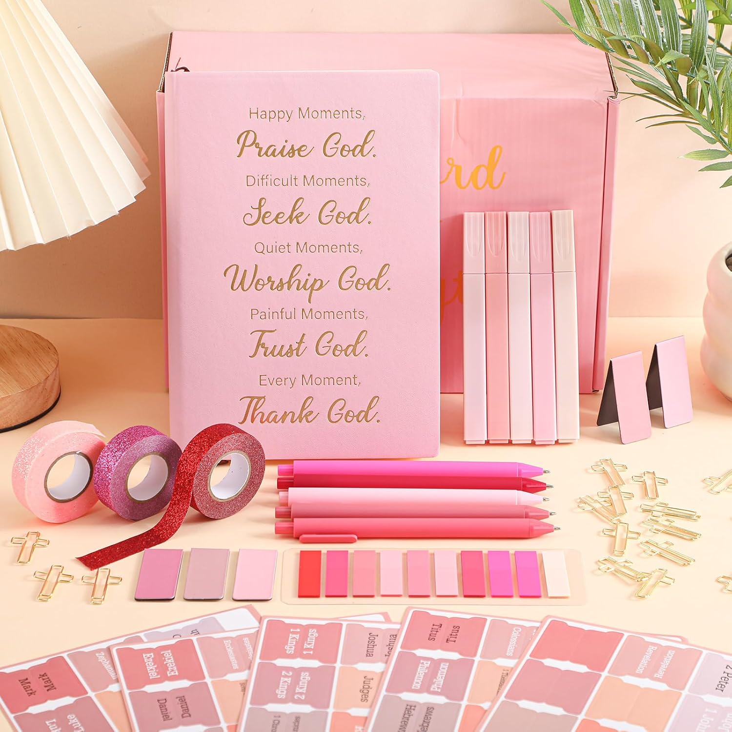 Eaasty 27 Pcs Christian Gifts for Men Women Inspirational Religious Catholic Faith Spiritual Bible Study Kit for Boyfriend Husband Grandpa/Sister Mom Friends Religious Birthday Gift(Pink)