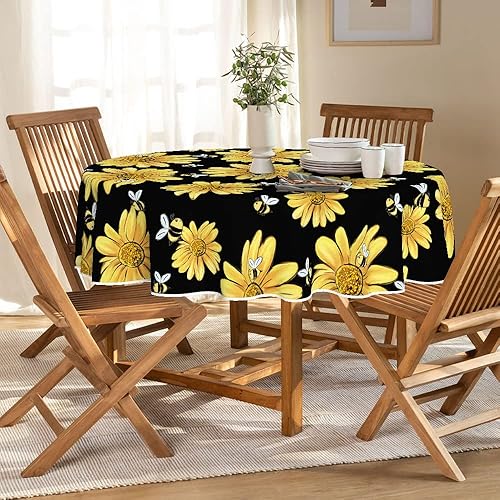 Miniatura 2 de Horaldaily Mantel redondo de verano de 70 x 70 pulgadas, diseño de girasol amarillo, abejorro, negro, otoño, lavable, para fiesta, picnic,