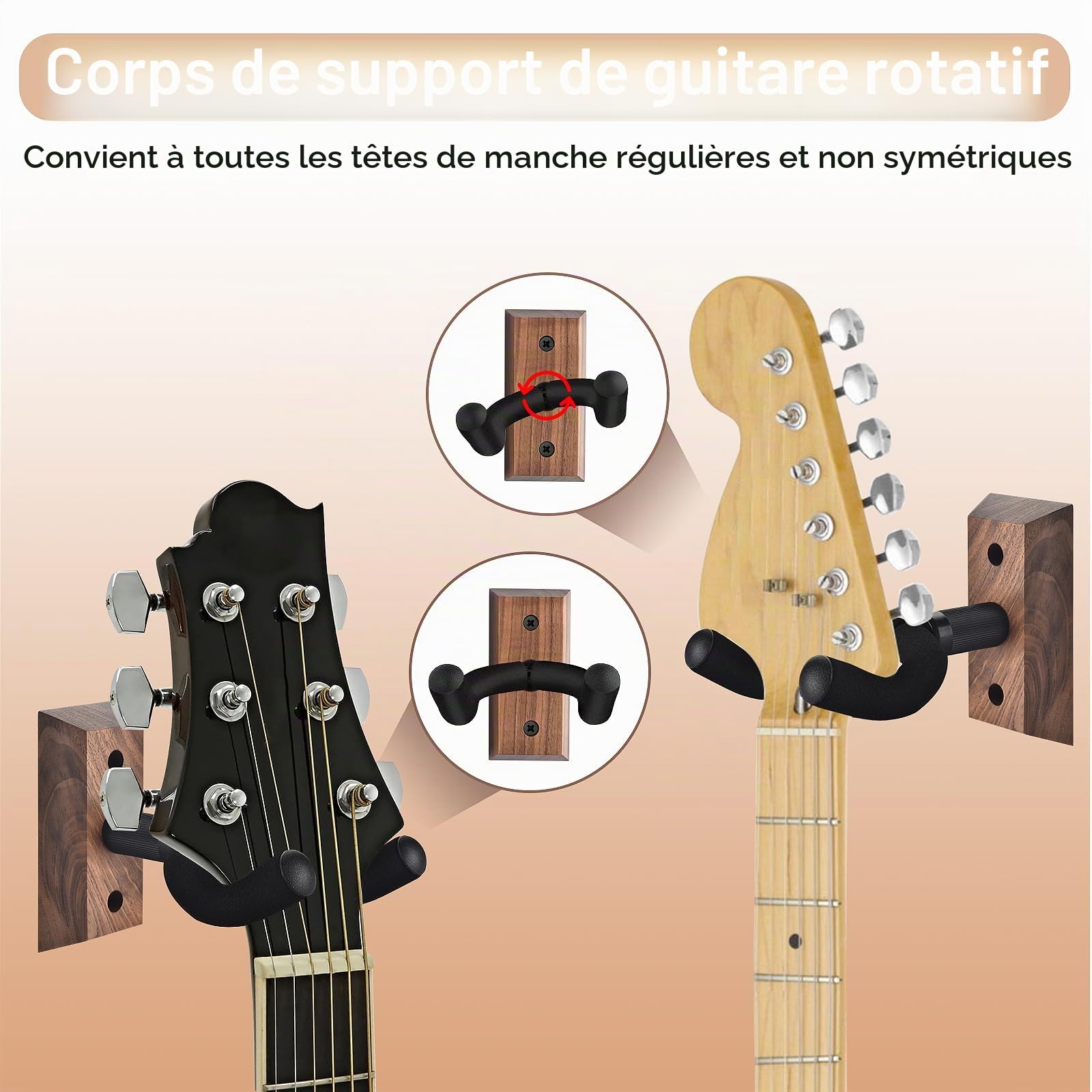 Support Guitare Mural 4 packs, Support Mural Guitare avec Crochet de Guitare Souple Réglable pour Toutes les Tailles de Guitare, Support Mural en Forme de U en bois dur pour Guitare Acoustique, Basse