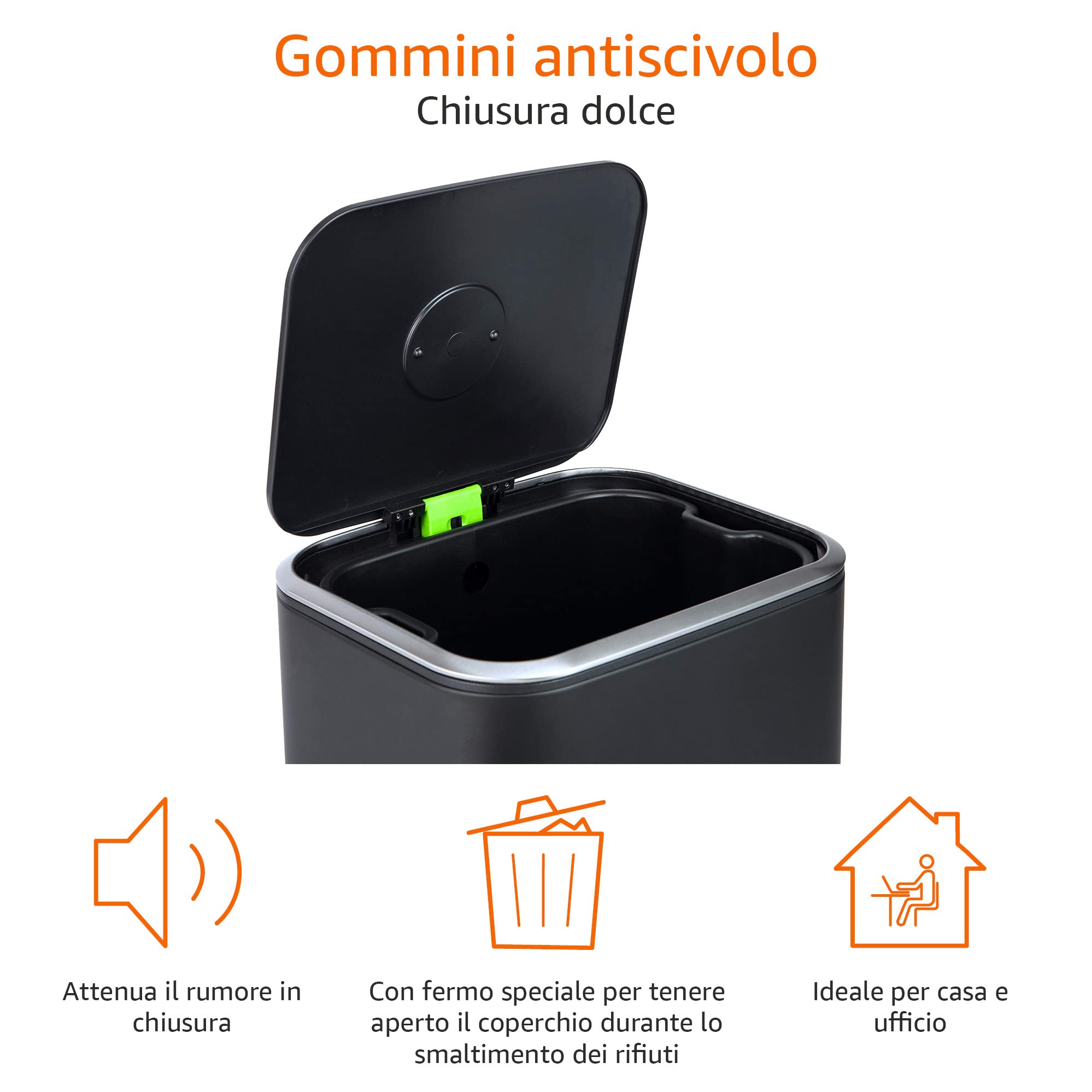 Amazon Basics Pattumiera rettangolare con chiusura silenziosa, 32 l, nero