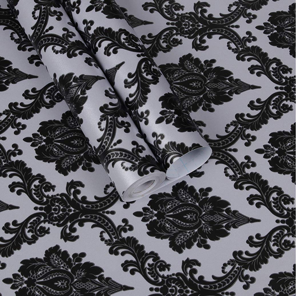 Waddllcor Black Damask Contact Paper Self Adhesive Shelf Liner Cabinets Drawer Wall Sticker Peel And Stick Wallpaper For Bathroom Bedroom 17.7" X 196"