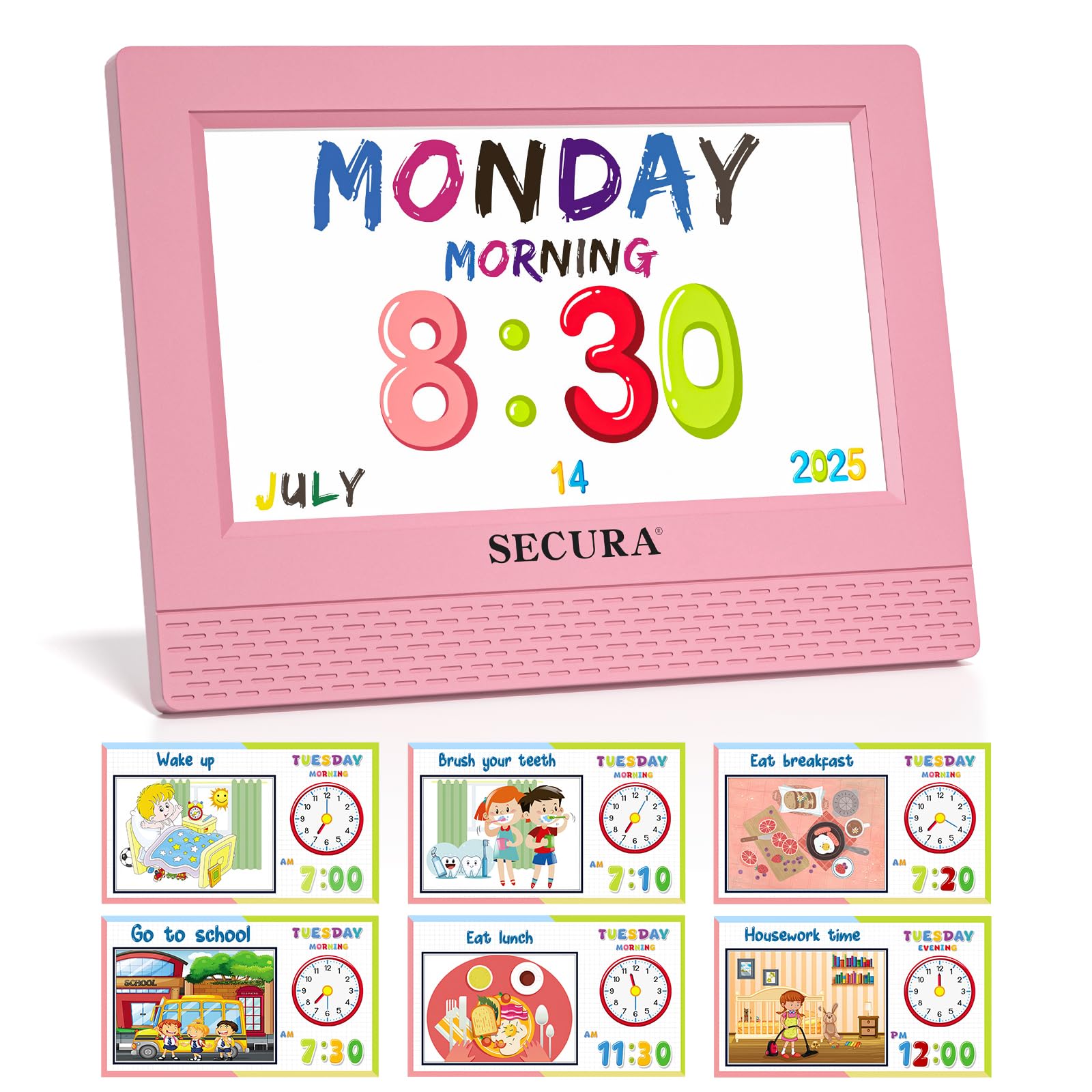 Secura TimeTact Reminder for Kids, 7" LED Talking Alarm Clock with Countdown Visual Timer, 17 Daily Reminders & 5 Custom Alarms Habit Reminder and Scheduler (Pink)