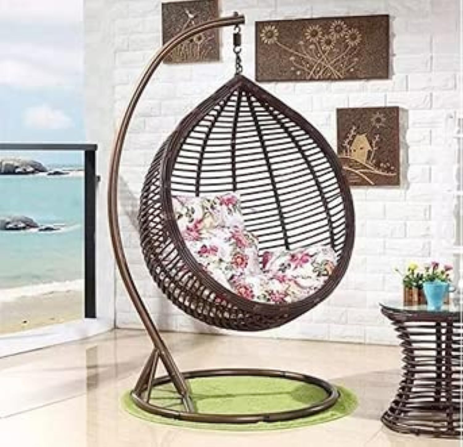 Outdoor Wicker Hammock with Cushion Patio Wicker Rattan Weaving Garden Rattan Hanging Swing Chair