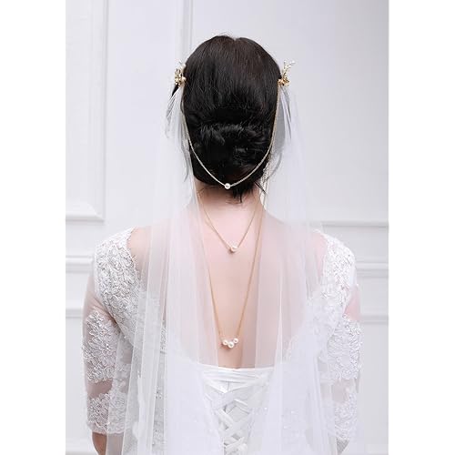 Kercisbeauty 3M Soft Tulle Sheer Cathedral Wedding Lace Veil Single Layer Drop with Gold Flower Comb Multi Layer Pearl Chain