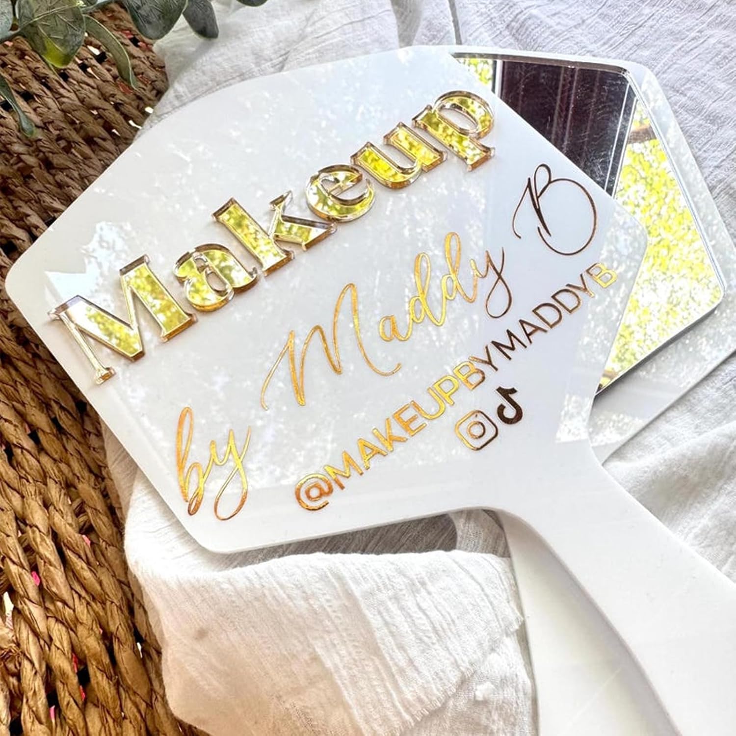 Custom Handheld Makeup Mirror with Name & Logo, Personalized Vanity Mirror, Bridal & Beauty Salon Gift, Custom Acrylic Cosmetic Mirror (White)