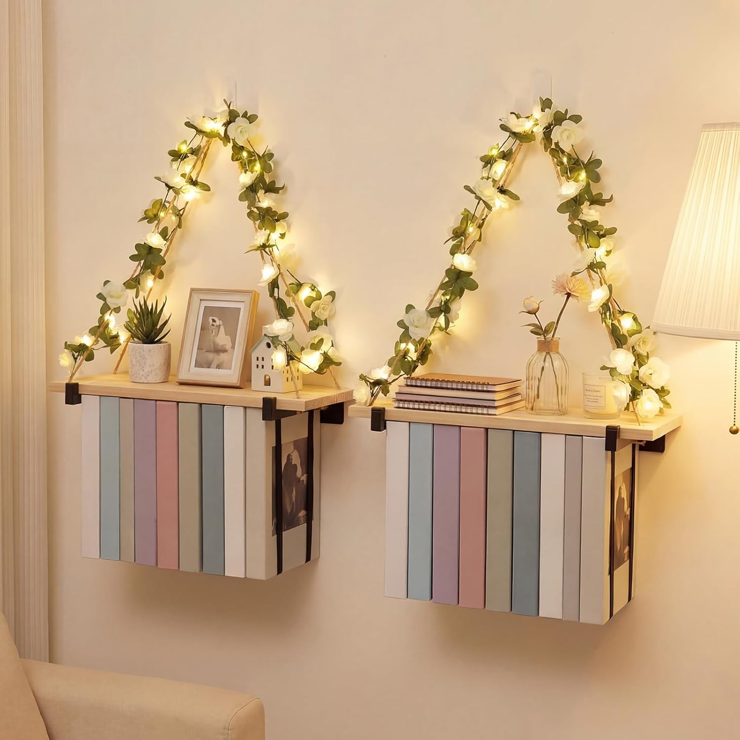 2 Set Floating Bookshelves for Wall Rustic Wood Cottage Core Decor Hanging Wall Shelves Upside Down Bookshelves with LED Light Set for Bedside Home Bedroom Room Decor(White,Rose Vines)