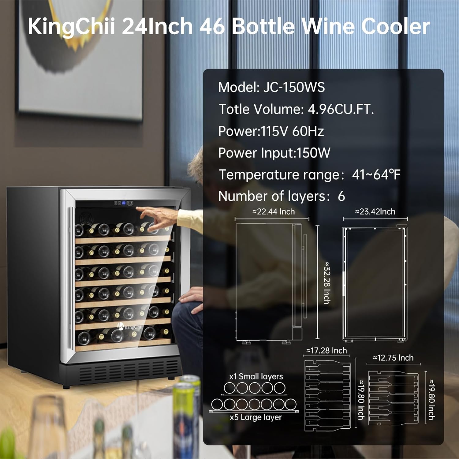 KingChii 24 Inch 46 Bottle Wine Cooler Refrigerator Professional Compressor, Stainless Steel & Tempered Glass For Red Wine, Champagne - Built-in or Freestanding for Home, Kitchen, or Office