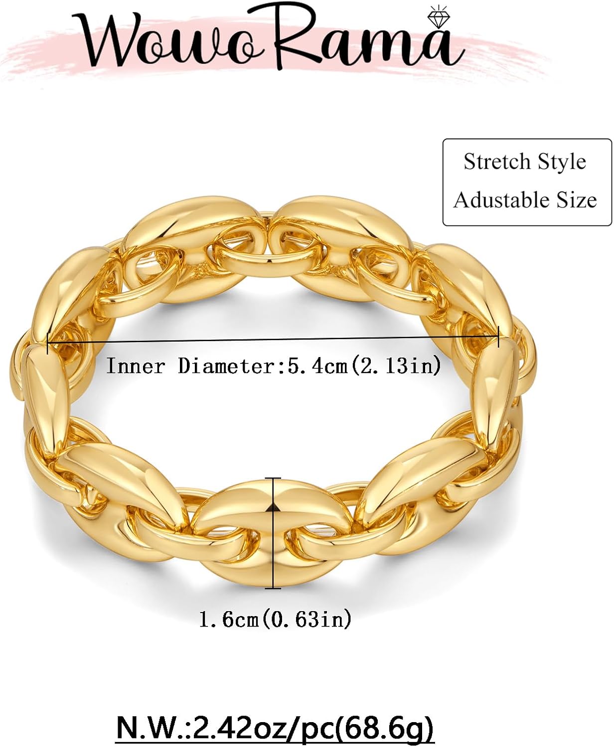 WOWORAMA Chunky Chain Bracelet for Women Adjustable Elastic Stretch Link Bracelets Thick Chunky Link Statement Bracelet Gold/Silver - Image 6