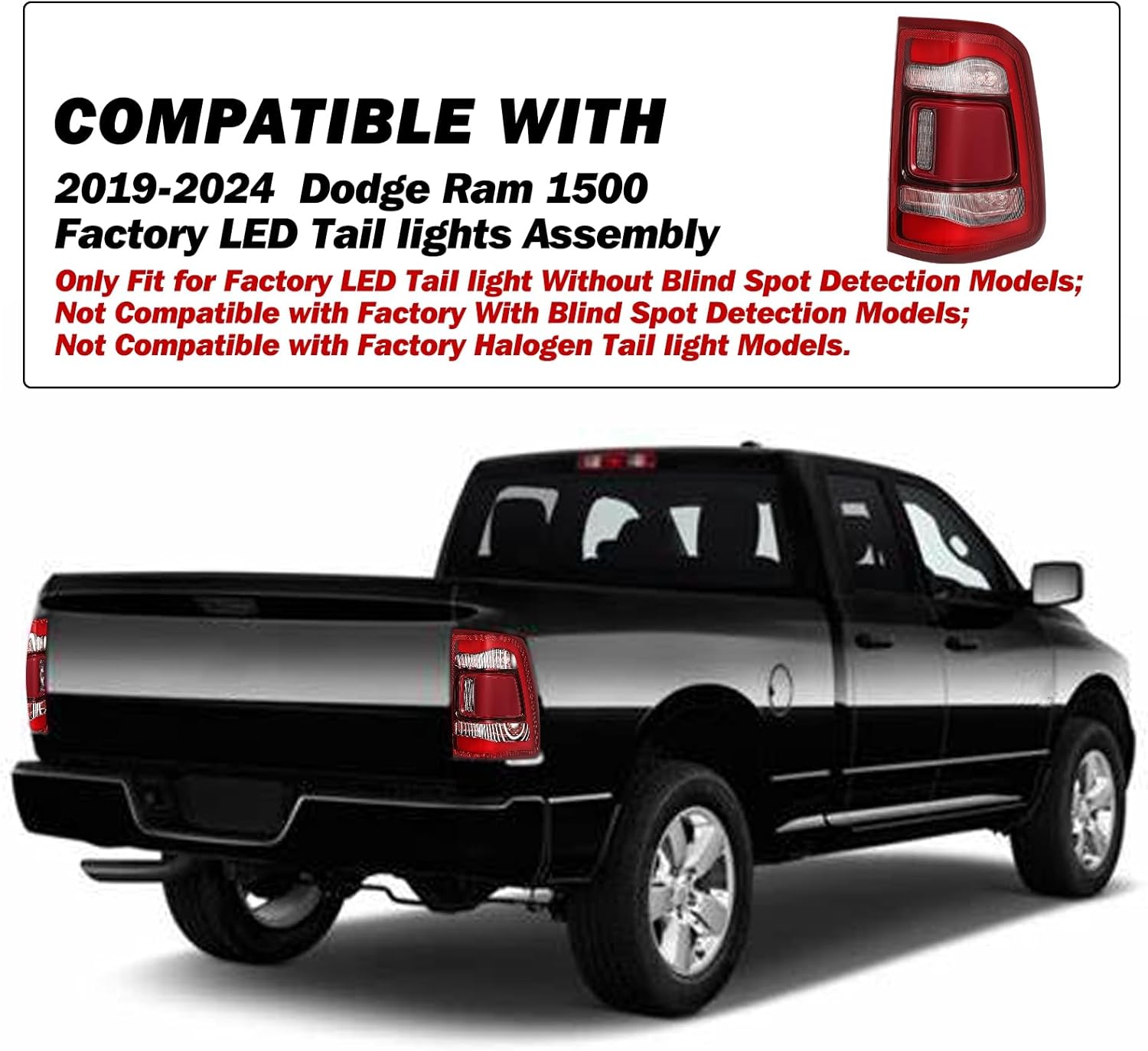 SOCKIR Tail Light Assembly LED Without Blind Spot Type Compatible With 2019-2024 Dodge Ram 1500, Rear Brake Light Tail Lamps Replacement Red Chrome Interior LED Brake Lamp Right Passenger Side