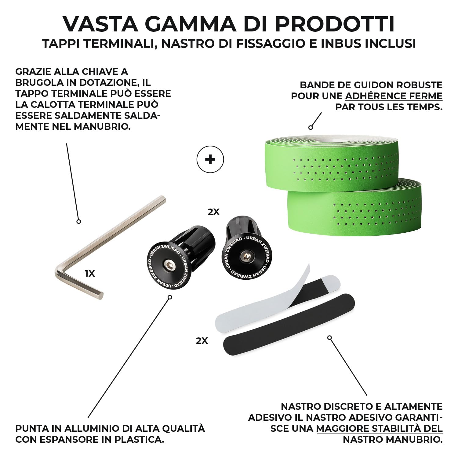 URBAN ZWEIRAD - Nastro per manubrio bicicletta da corsa Extra Dry, nastro autoadesivo con terminali per manubrio in alluminio, nastro per manubrio bici da corsa, bici da gravel (verde)