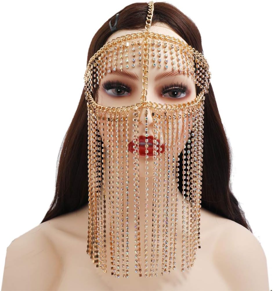 jojobasecFaux Crystal Masquerade Mask Veil Face Chain Belly Dance Jewelry Headband, as pics show