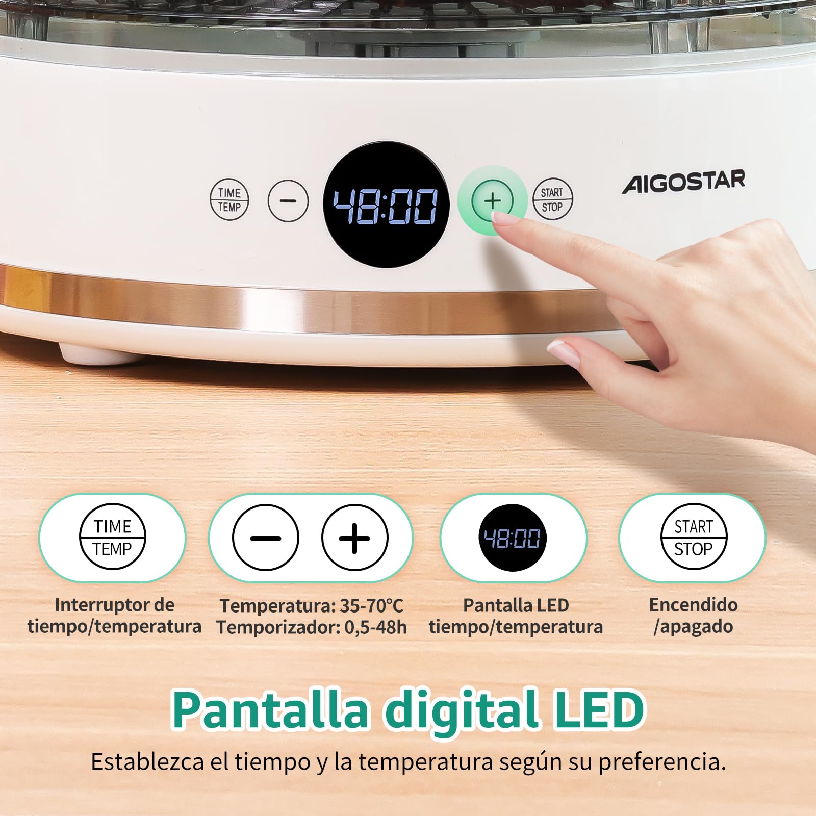 Aigostar Déshydrateur Alimentaire, Écran LED, 5 Plateaux sans BPA, Minuterie de 48 h, Déshydrateur avec Mode "FAN" et Température Réglable de 35 à 70°C, Silencieux, Livre de Recettes Inclus, 380 W